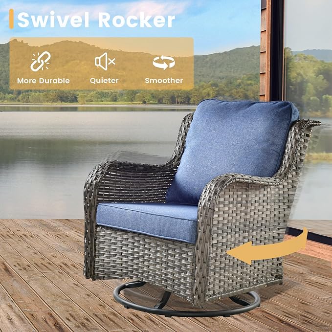 HOOOWOOO Outdoor Patio Furniture Set with Fire Pit 10 Pieces Patio Set with Fire Pit Wicker Outdoor Furniture with Fire Pit Table Set Patio Conversation Set with Swivel Chairs,Denim Blue