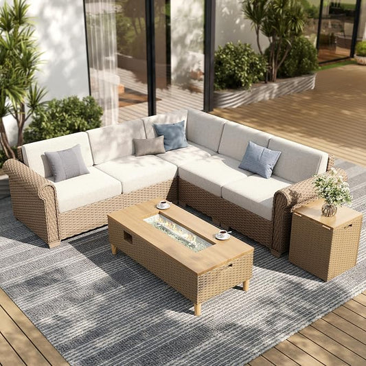 SUNSHINE VALLEY Patio Furniture Set, Wicker Outdoor Furniture Sectional Sofa with Fire Pit Table, 5 Seats Modular Conversation Set with 5.5" Thick Waterproof Cushion for Garden Deck Backyard, Beige