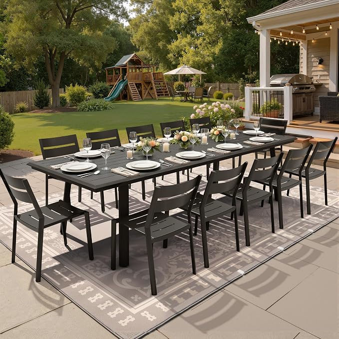 13-Piece Aluminum Outdoor Dining Set with Stackable Armless Chairs | 116" Extra Large Rectangular Patio Table Rust Proof Furniture for Family Gatherings BBQs Parties, Black