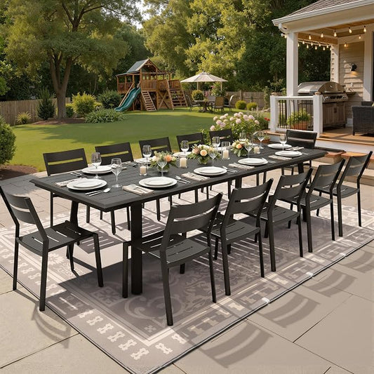 13-Piece Aluminum Outdoor Dining Set with Stackable Armless Chairs | 116" Extra Large Rectangular Patio Table Rust Proof Furniture for Family Gatherings BBQs Parties, Black