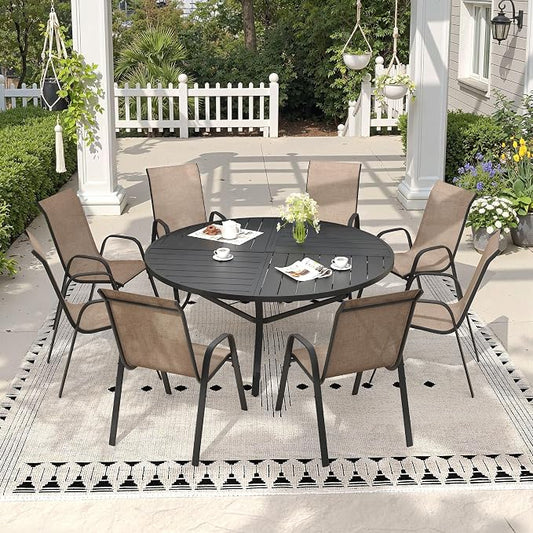 9 Pieces Outdoor Dining Set, 53.1" Spliced Patio Table with Umbrella Hole & Stackable Outdoor Dining Chairs, Patio Furniture Set for Deck Garden Porch, Brown Chairs & Black Table