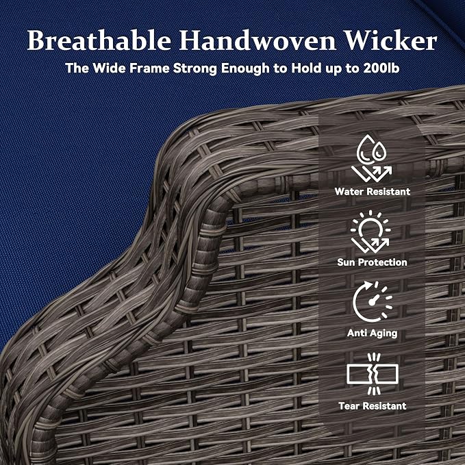 5 Pieces Patio Furniture Set, Outdoor Furniture Set with 2 Patio Swivel Rocking Chairs, 2 PE Rattan Ottoman, 1 Outdoor Wicker Sofa with Thick Cushions, Ideal for Backyard, Garden, Poolside, Blue