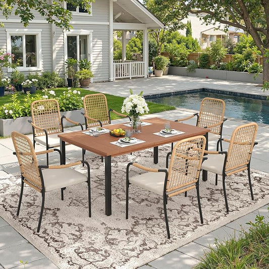 DIFY 7 Pieces Outdoor Dining Set, Metal Patio Table and Chairs Set for 6, 63" Rectangle Dining Table with Umbrella Hole & Wicker Stackable Patio Chairs with Cushions, Walnut Tabletop