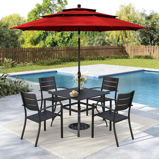 MFSTUDIO Outdoor Dining Set with Umbrella, Metal Patio Dining Set for 4 Persons, 6 Piece Patio Furniture Set with Orange Red Umbrella (Base not Included)