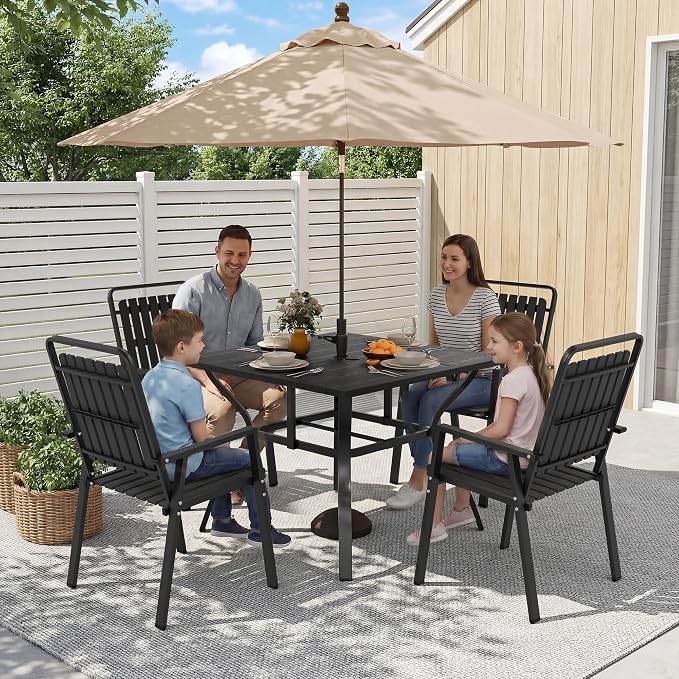 37.8'' Outdoor Dining Table for 4, Black Metal Patio Dining Table with 1.97'' Umbrella Hole,Anti-Rust Waterproof Square Table for Porch Deck Poolside Garden Backyard