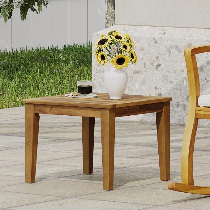 Hampton Outdoor Acacia Wood Side Table 20" W x 20" D x 15.75" H for Patio Small Space: Holds 300 lbs Rain or Shine - Low Profile Design - No Assembly Hassle