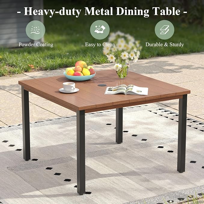 Patio Table and Chairs Set for 4, Outdoor Dining Set with 4 Stackable Dining Chairs and 40.2" x 40.2" Patio Square Dining Table for Backyard, Deck, Lawn, Garden, Brown & Walnut