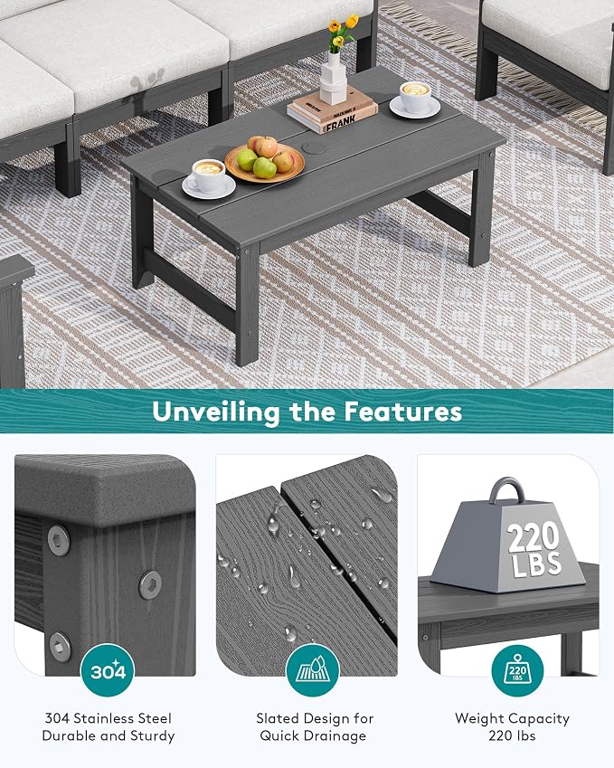SERWALL HDPE Patio Coffee Table, Rectangle Outdoor Coffee Table, All-Weather Coffee Side Table for Balcony, Poolside, Deck, Garden, Gray