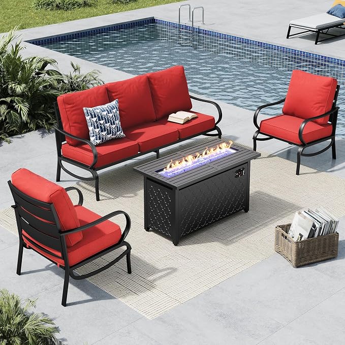 MFSTUDIO 4 Piece Patio Conversation Sets, All Weather Metal Frame Outdoor Furniture Set Patio Sofas with 1 x 45 Rectangular Fire Pit Table, 1 x 3-Seat Sofa, 2 x Sofa Chairs, Burgundy Red Cushion