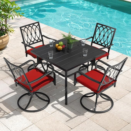 NUU GARDEN 5 Piece Outdoor Dining Set, 4 Swivel Patio Dining Chairs and 37 Inch Square Dining Table with 1.6'' Umbrella Hole and Red Removable Cushions for Garden,Backyard, Deck, Yard, Black