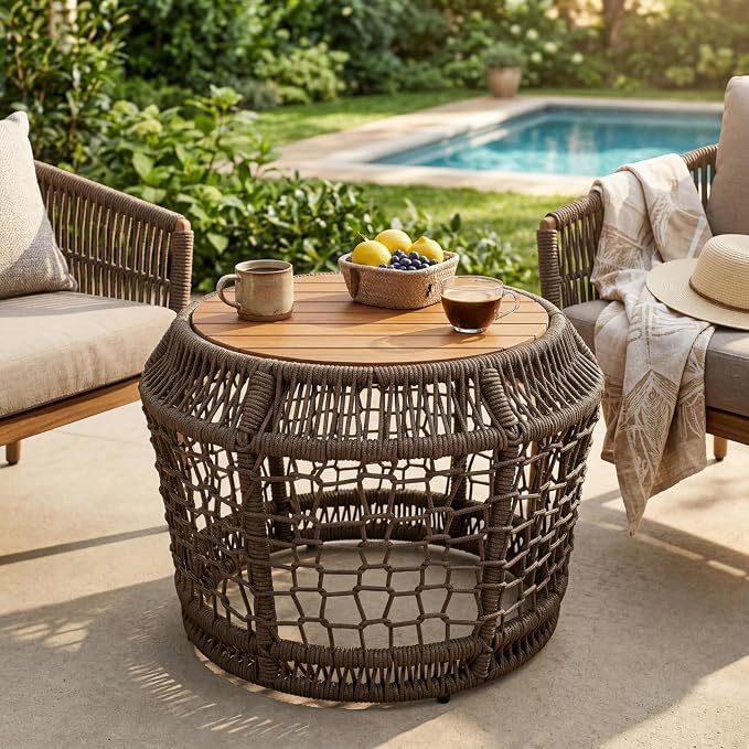 Outdoor Side Table with Grey Rope Frame, Patio Side Tables for Outside, Round Acacia Wood Outdoor End Table for Poolside Backyard Gazebo,No Assembly Required