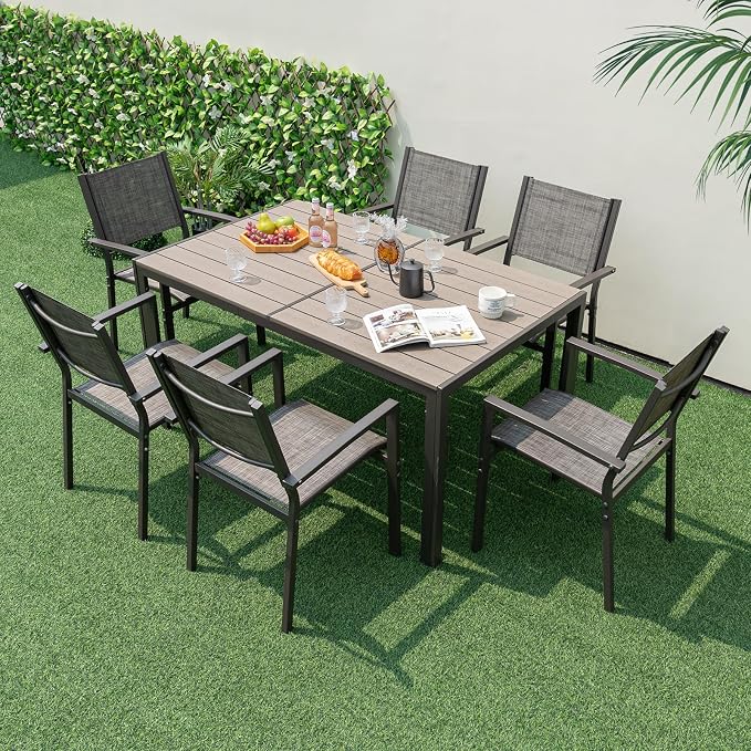 Tangkula Outdoor Rectangle Dining Table, 59” x 35” Large Outside Table with Metal Legs, Accommodate up to 6, Patio Weatherproof Table for Backyard, Garden, Poolside