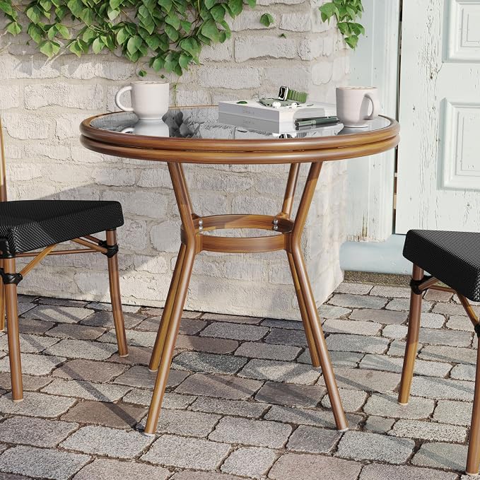 Flash Furniture Marseille Indoor/Outdoor Commercial Bistro Table - Tempered Glass Top - Textilene Fabric - Natural Bamboo Print Aluminum Frame - 31.5" - Black