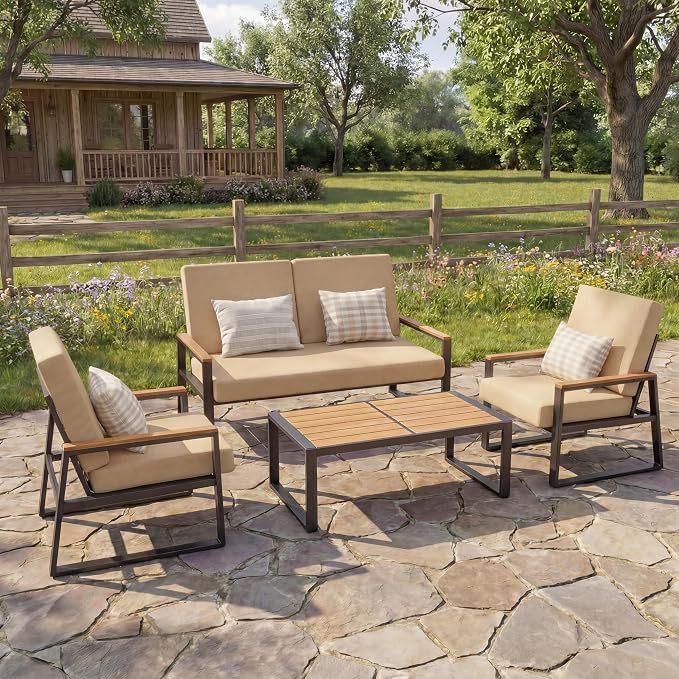 Gizoon 4-Piece Outdoor Patio Furniture Set with Coffee Table and Removable Cushions, Metal Patio Conversation Set for Family, Yard, Poolside (Gray)