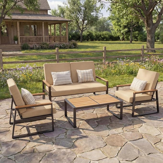 Gizoon 4-Piece Outdoor Patio Furniture Set with Coffee Table and Removable Cushions, Metal Patio Conversation Set for Family, Yard, Poolside (Gray)