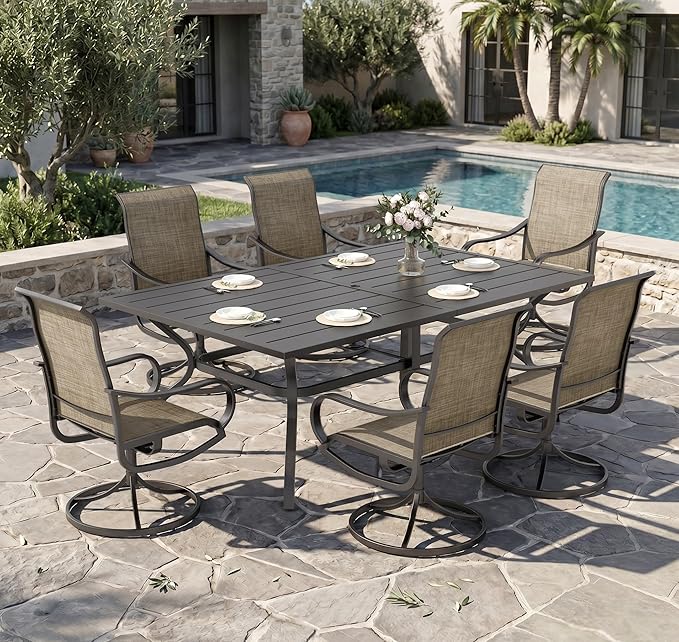 Sophia & William Patio Dining Set for 6 w/Swivel Textilene Chairs, Brown | 60"x 38" outdoor table and chairs, all-weather E-coating metal frame & mesh fabric. Suitable for deck, garden, poolside