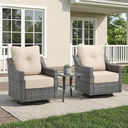 3-Piece Outdoor Patio Furniture Set, Grey Wicker Conversation Set with 2 Swivel Chairs and Side Table, 6-Inch Beige Olefin Cushions for Porch, Deck, Balcony