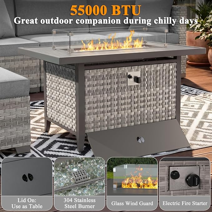 13 Piece Wicker Patio Furniture Set with 55,000 BTU Fire Pit Table, Swivel Rocking Chairs, 4''Cushions, PE Rattan, Wind Guard Glass, for Backyard, Deck or Balcony, Grey