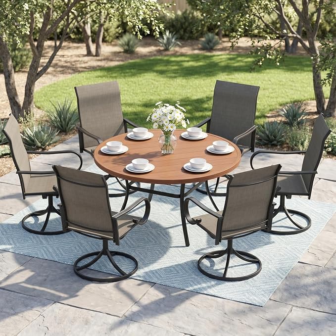 7 Pieces Patio Dining Set, 6 Outdoor Swivel Dining Chairs with 50" Round Metal Outdoor Dining Table with Umbrella Hole for Garden Backyard Deck, Mixed Brown & Walnut