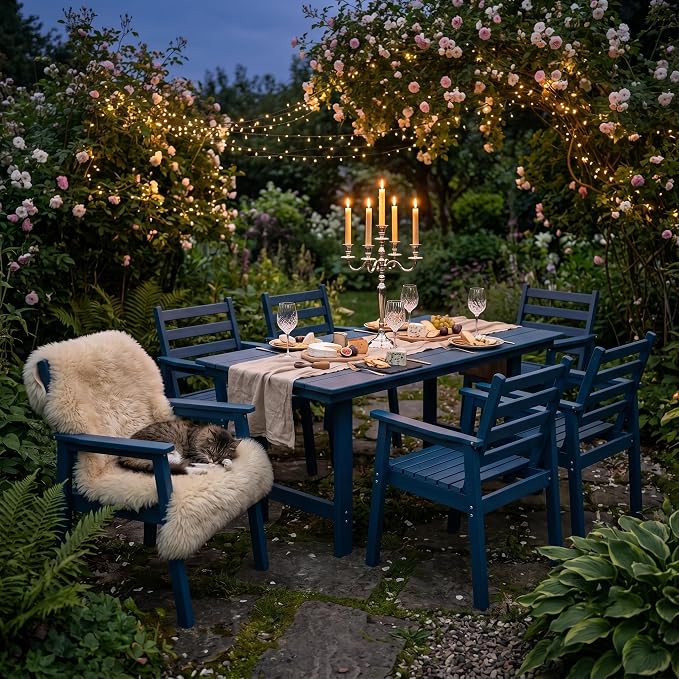 7-Piece Outdoor Dining Set, All-Weather HDPE Patio Furniture, 66.5" Slatted Table with 1.6" Umbrella Hole & 6 Ergonomic Armchairs, Heavy Duty 350lbs Capacity, UV Resistant, Blue