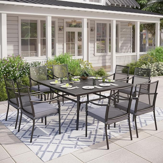 MIXPATIO 9 Piece Patio Metal Dining Set, Outdoor Table and Chairs for 8, Powder-Coating Steel Chairs with 4" Thickened Cushions, 57.5" Square Metal Table with 1.57" Umbrella Hole for Deck, Backyard