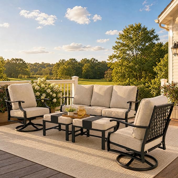 SUNSHINE VALLEY Patio Furniture Set, Modern Metal Outdoor Patio Furniture, 3 Seater Sofa, 2 Swivel Chairs, 2 Ottomans and 5.75" Extra Thick Cushion, Patio Conversation Set for Garden Backyard Deck