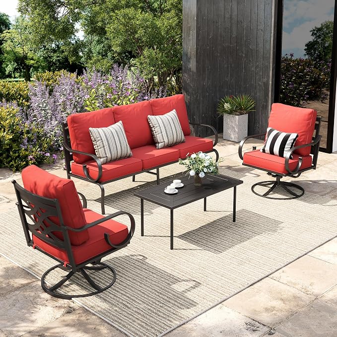 Sophia & William Patio Conversation Set for 5, 3-Seater Sofa, 2 Swivel Chairs and a Coffee Table, Metal Outdoor Furniture with 5.75" Extra Thick Cushions, Red