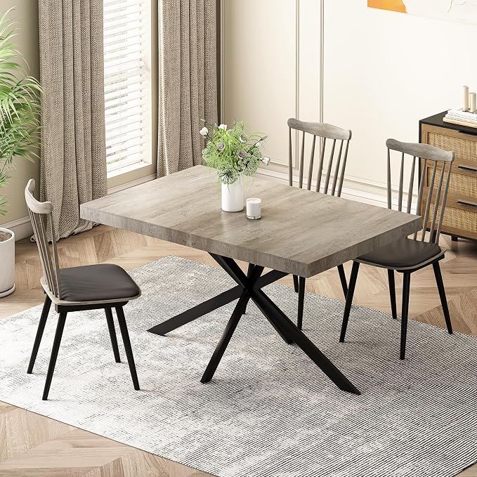 55.11" -70.86" Extendable Dining Room Table, Retro Folding Dining Tables for 4-6 People with Antique Wood Top/Black Fine Sand Cross Iron Foot Base/Storage Box, Black Grey