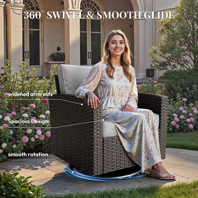 WWR Patio Furniture Set-30% Thicker Wicker-Luxury 3 Piece PatioWicker Outdoor Patio Conversation Set with Extra Wide & Thick Cushions, Swivel Rocking Chairs for Backyard, Porch & Deck