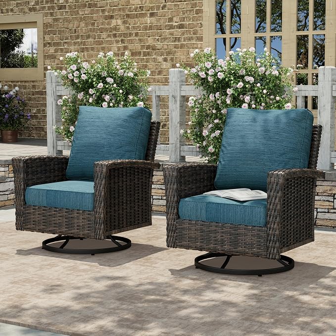 HERA'S HOUSE Outdoor Swivel Chairs Set of 2 with 5.5" Thick Cushions, High Back Patio Furniture, Oversized Wicker Rattan Chairs for Deck Balcony Backyard, Blue