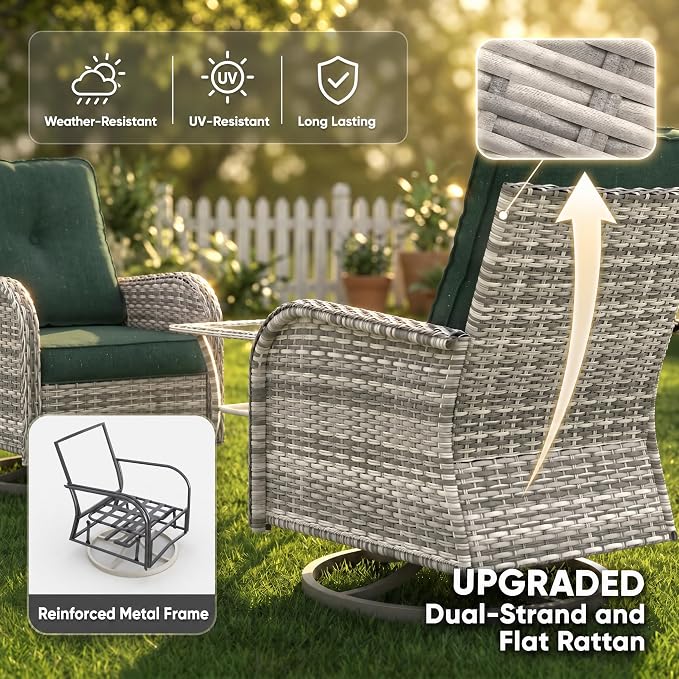 11-Piece Small Patio Furniture Set, Outdoor Swivel Rocking Chairs Set with Ottomans, Patio Bistro Set for Balcony, Deck, Porch, Dark Green