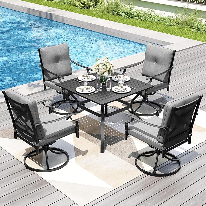 PHI VILLA 5 Pieces Outdoor Dining Set for 4, Square Wrought Iron Table with Umbrella Hole & Swivel Metal Steel Gray Chairs, Modern Dining Furniture Set with Cushions for Patio, Deck, Yard, Porch