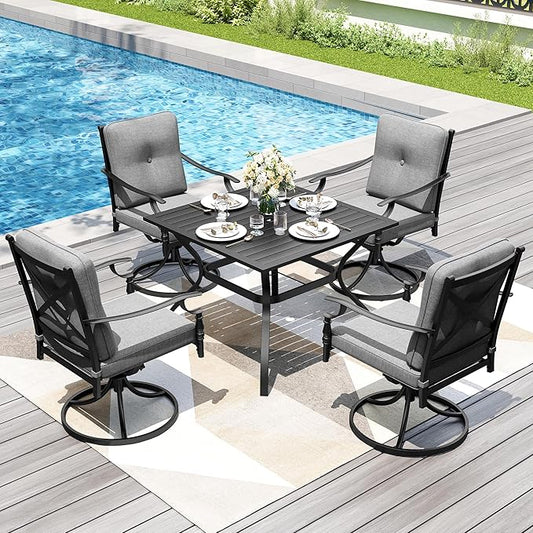 PHI VILLA 5 Pieces Outdoor Dining Set for 4, Square Wrought Iron Table with Umbrella Hole & Swivel Metal Steel Gray Chairs, Modern Dining Furniture Set with Cushions for Patio, Deck, Yard, Porch