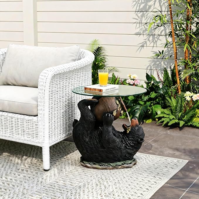 Honey-Drinking Bear Side Table with Waterfall 2-in-1 Resin Sculpture End Table Round Glass Top Indoor Outdoor for Patio, Garden, Living Room