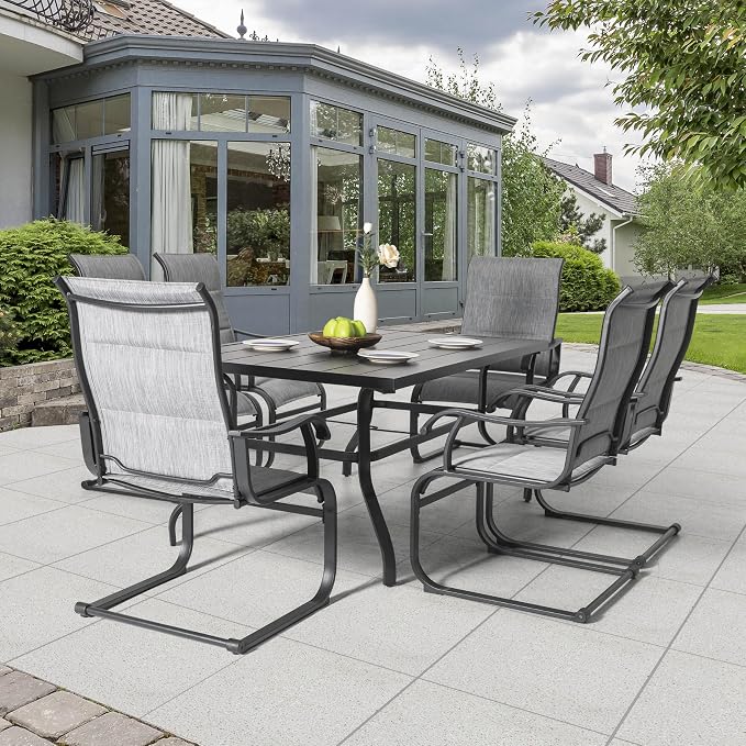 NUU GARDEN 7-Piece Outdoor Dining Set, 61" Rectangular Table with Umbrella Hole & 6 All-Weather Textilene Padded Chairs, for Patio Garden, Light Grey and Black