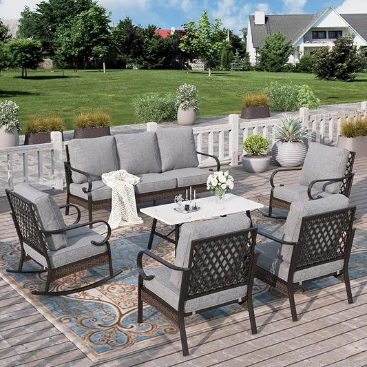 HERA'S HOUSE 6 Piece Patio Furniture Set, 2 x Fixed Chair, 2 x Rocking Chair, 1 x 3-Seat Sofa with Coffee Table, All Weather Patio Conversation Set for Lawn Garden Backyard Deck, Grey