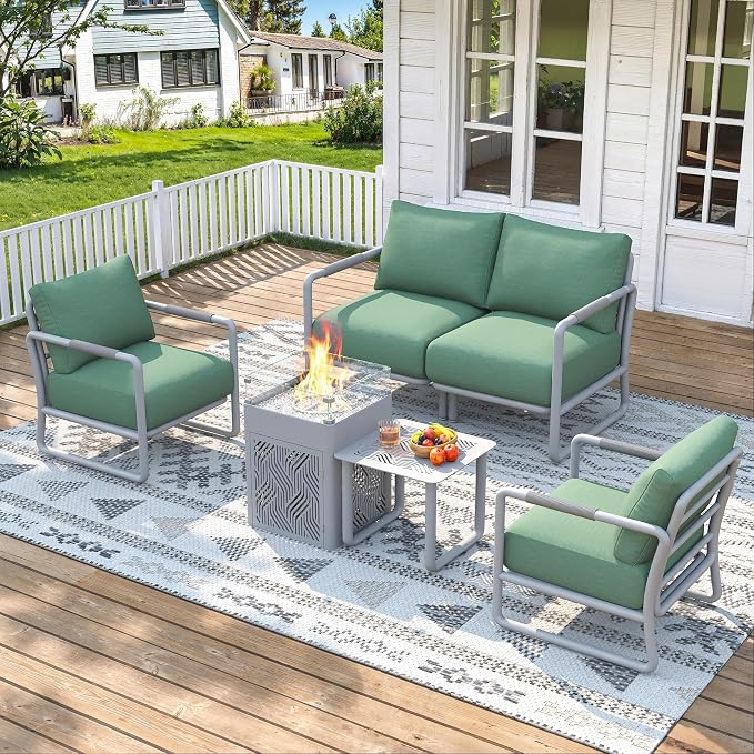 4-Seat Outdoor Aluminum Patio Set with 45,000 BTU Fire Pit Table, 6.5" Thick Cushions & Wide Seating, All-Weather for Pool, Balcony, Garden, White