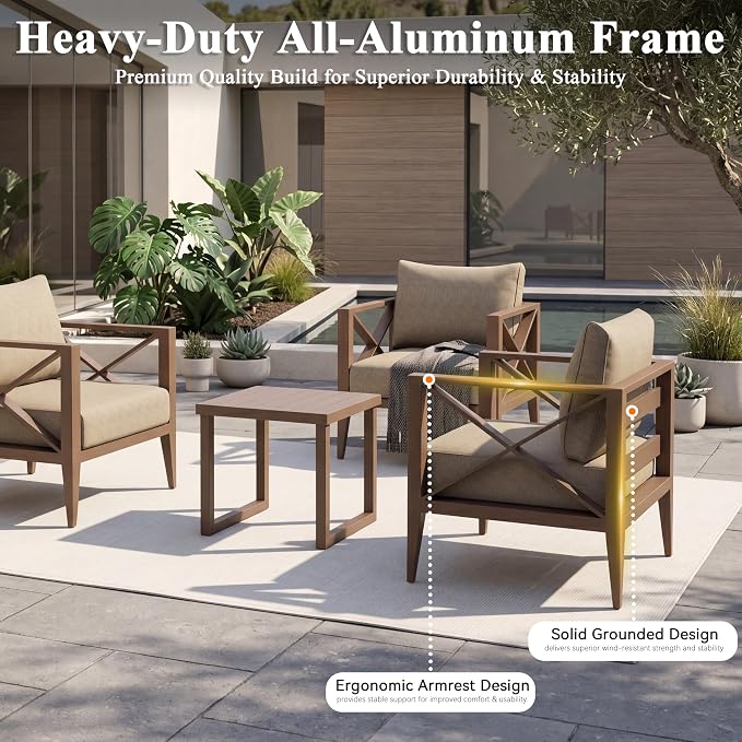 3 Piece Aluminum Patio Furniture Set, Modern Outdoor Patio Conversation Sets with Ergonomic Armhairs and Side Table, 6" Thick Washable Cushions for Balcony, Porch, Backyard,Brown