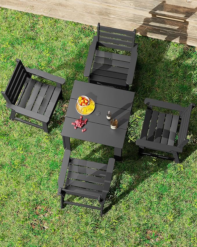 GREENVINES 5-Piece-Outdoor-Dining-Set | HDPE | Square | Patio Furniture | Table and Chairs Sets for 4 | All Weather | Umbrella Hole | for Backyard Poolside Garden | QuadraLuxe | Black