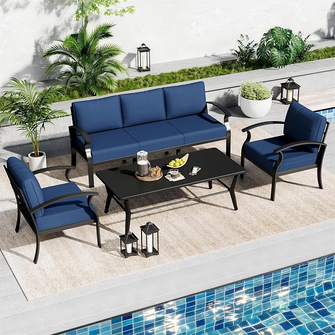 Aluminum Outdoor Patio Conversation Furniture Set,5 Seats Metal Modern Outdoor Furniture with Coffee Table & Washable 5.1" Thick Cushions,Patio Sectional for Backyard,Patio,Navy