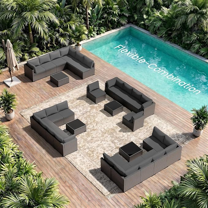 Patio Furniture Set - All-Weather - 7 Piece Patio Outdoor Conversation Set, Modular Wicker Rattan Sectional Sofa for Backyard, Garden, Poolside, Balcony, Porch, Patio, Brown/Dark Gray