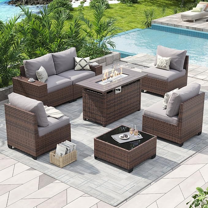 Aoxun Outdoor Patio Furniture Set with 44'' Fire Pit Table, 7 Pcs Outdoor Patio Furniture Sets with 4in Thicken Cushion, Widen Armrests Wicker Outdoor Sectional for Backyard (Waterproof Cover Include)