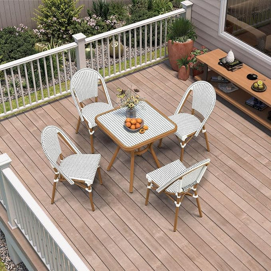 PURPLE LEAF 5-Piece French Bistro Dining Set Square Outdoor Patio Table and 4 Armless Chairs Tempered Glass Top PE Rattan Bamboo Print Finish Aluminum Frame White