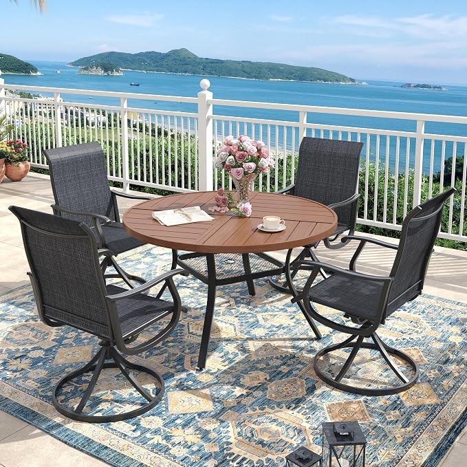 Outdoor Dining Set for 4, 40.7" Metal Round Outdoor Dining Table with Umbrella Hole and Sling Patio Swivel Chairs, 5 Pieces Patio Table and Chairs Set for Garden Backyard, Charcoal and Walnut
