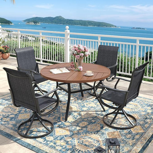 Outdoor Dining Set for 4, 40.7" Metal Round Outdoor Dining Table with Umbrella Hole and Sling Patio Swivel Chairs, 5 Pieces Patio Table and Chairs Set for Garden Backyard, Charcoal and Walnut