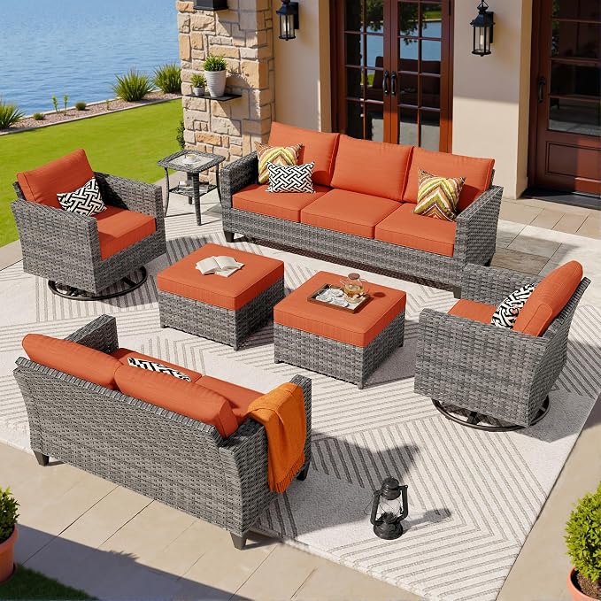 ovios 7 Pieces Patio Furniture Set, Outdoor Wicker Sofa Couch with Swivel Chairs, Rocking Glider Rocker with Comfy Cushions All Weather Rattan Conversation Set, Orange Red