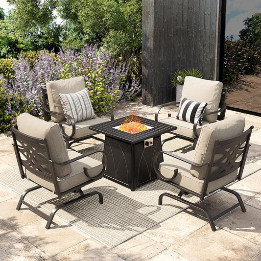 Sophia & William Patio Conversation Set for 4, 4 Rocking Chairs and a 28" Square Fire Pit Table, Metal Outdoor Furniture with 5.75" Extra Thick Cushions, Beige