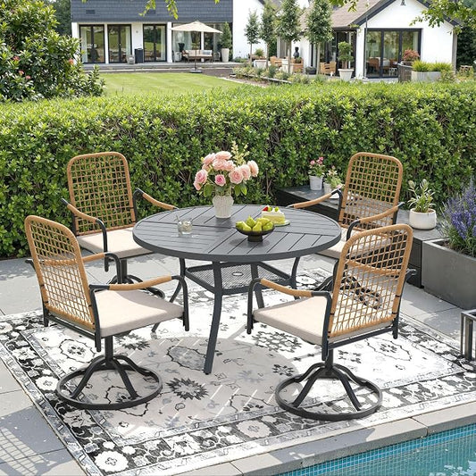 DIFY 5 Pieces Outdoor Dining Set, Metal Patio Table and Chairs Set for 4, 40.6" Round Dining Table with Umbrella Hole & Wicker Swivel Patio Chairs with Cushions, Grey Tabletop
