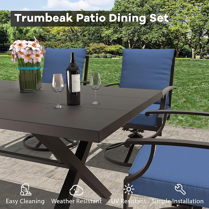 7-Piece Patio Dining Set Outdoor Conversation Set,Metal Outdoor Furniture Set with Umbrella Hole Cut-Out 78.7" x 35.4" Table and 6 Metal Backrest Swivel Chairs for Backyard,Garden,NavyBlue