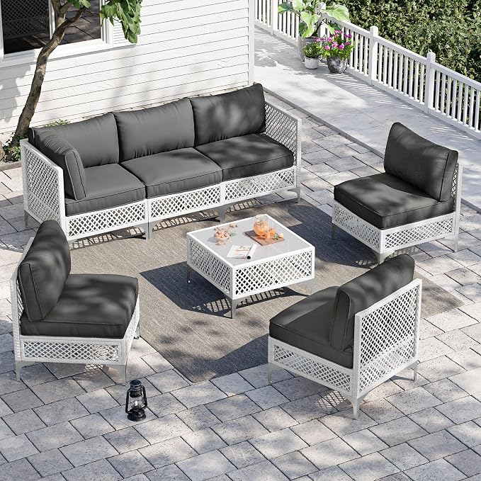 Vikiullf Patio Conversation Set, 7 Piece Outdoor Sectional Sofa Set with Coffee Table, White Wicker with Grey Cushions (White and Grey, 7 piece)